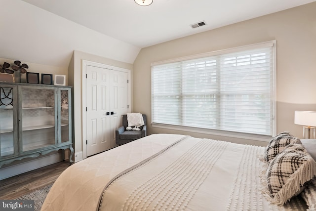 bedroom featuring wood finished floors, vaulted ceiling, and a closet