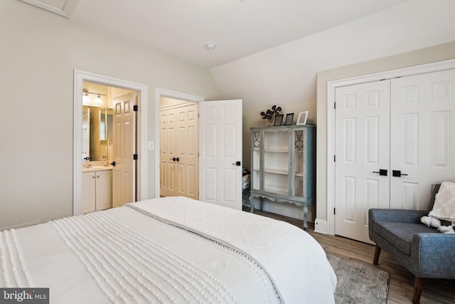 bedroom with wood finished floors, lofted ceiling, ensuite bath, and a closet