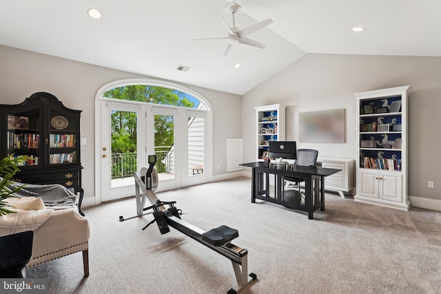 office space with a ceiling fan, lofted ceiling, carpet, french doors, and recessed lighting