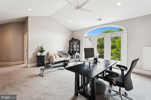 carpeted home office with lofted ceiling, recessed lighting, a ceiling fan, and baseboards
