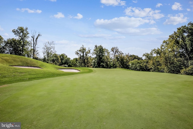 view of property's community with view of golf course and view of scattered trees