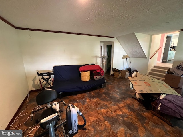 living area with stairway, crown molding, and a textured ceiling