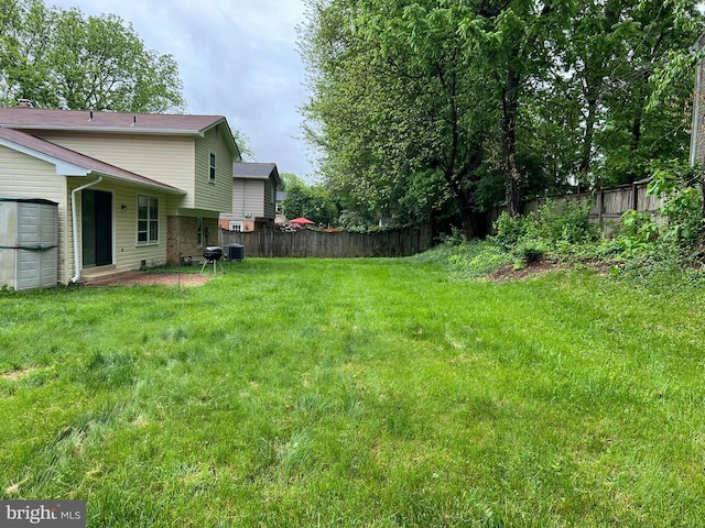 view of yard with a fenced backyard and central AC