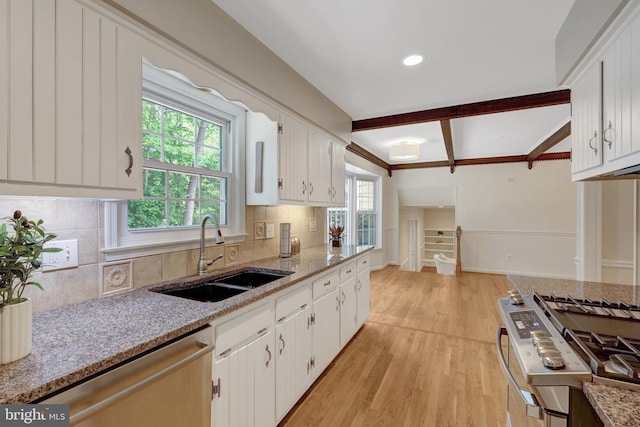 4303 S Valiant Ct, Annandale, VA 22003 - kitchen with a sink, stainless steel appliances, decorative backsplash, light wood finished floors, and white cabinetry