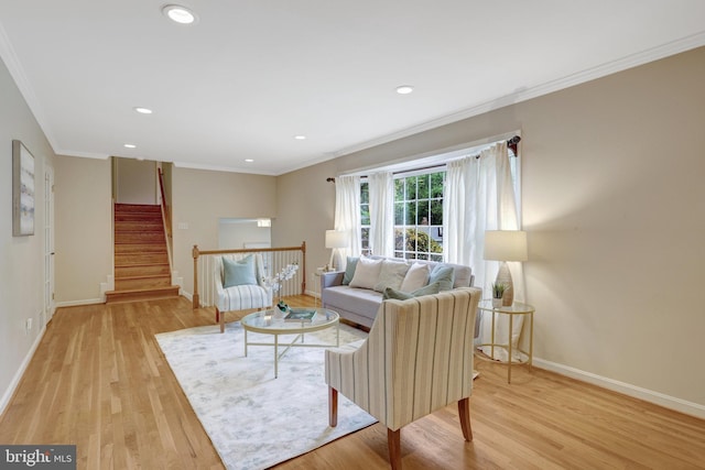 4303 S Valiant Ct, Annandale, VA 22003 - living room with light wood-style floors, baseboards, ornamental molding, recessed lighting, and stairway