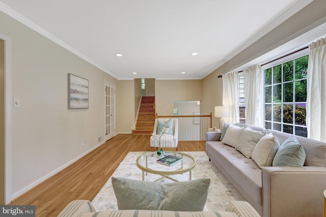 4303 S Valiant Ct, Annandale, VA 22003 - living room with light wood-style floors, crown molding, baseboards, recessed lighting, and stairway