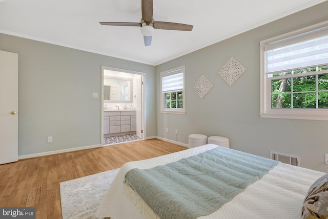 4303 S Valiant Ct, Annandale, VA 22003 - bedroom with wood finished floors, ornamental molding, baseboards, connected bathroom, and ceiling fan