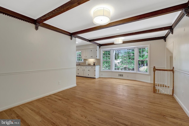 4303 S Valiant Ct, Annandale, VA 22003 - unfurnished living room featuring light wood finished floors, beamed ceiling, and baseboards