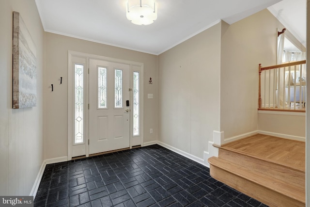 4303 S Valiant Ct, Annandale, VA 22003 - foyer entrance with brick patterned flooring, baseboards, crown molding, and stairway