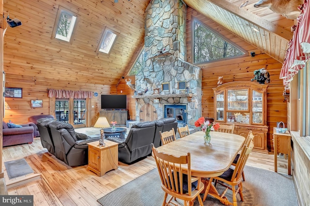dining space featuring a skylight, high vaulted ceiling, wooden ceiling, and wood walls