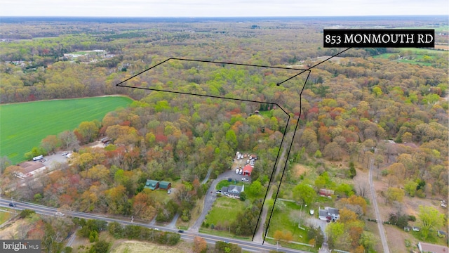 bird's eye view with a wooded view
