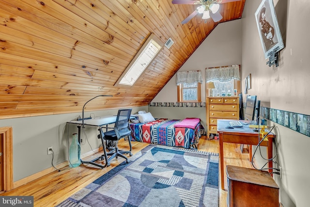 bedroom featuring visible vents, wood finished floors, lofted ceiling with skylight, and wood ceiling
