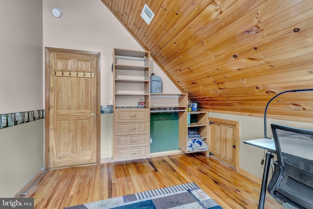 unfurnished office with wooden ceiling, light wood-type flooring, visible vents, vaulted ceiling, and baseboards