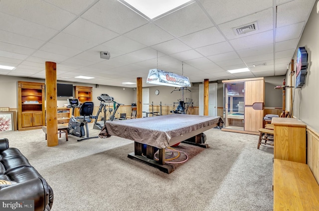 game room with billiards, a paneled ceiling, visible vents, and carpet