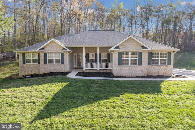 6815 Interlude Pl, Hughesville, MD 20637 - ranch-style house featuring covered porch, brick siding, a shingled roof, and a front lawn