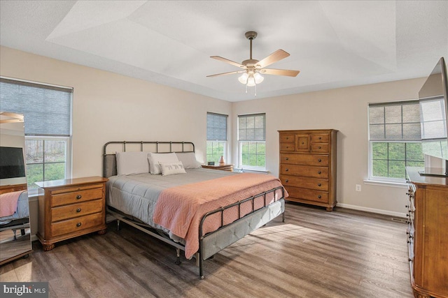 6815 Interlude Pl, Hughesville, MD 20637 - bedroom with baseboards, wood finished floors, ceiling fan, and a raised ceiling