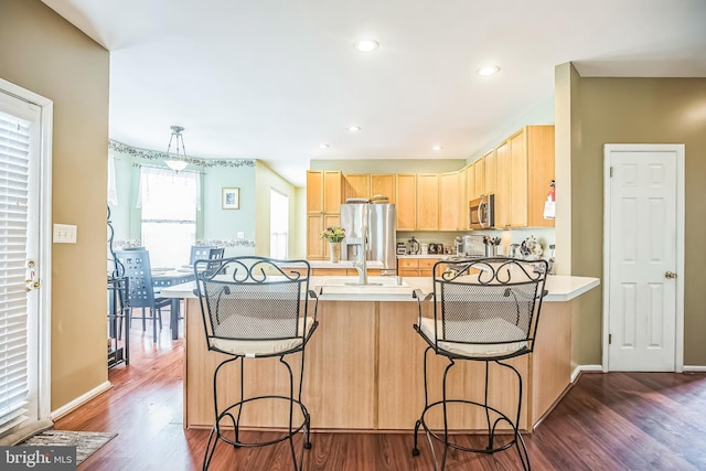 2 Rosebush Ct, Sicklerville, NJ 08081 - kitchen with stainless steel appliances, light brown cabinets, dark wood-style floors, light countertops, and recessed lighting
