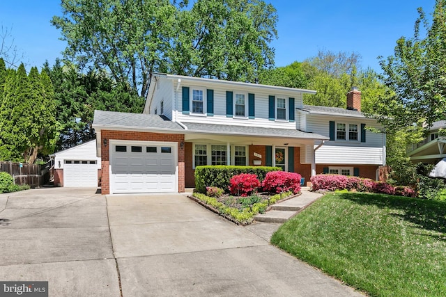 5311 Crestedge Ln, Rockville, MD 20853 - split level home with an attached garage, concrete driveway, brick siding, a chimney, and covered porch