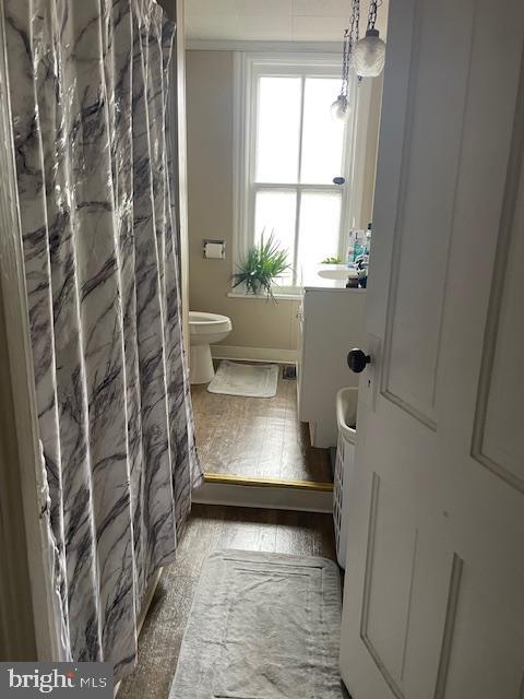 full bath featuring toilet, vanity, and a shower with shower curtain