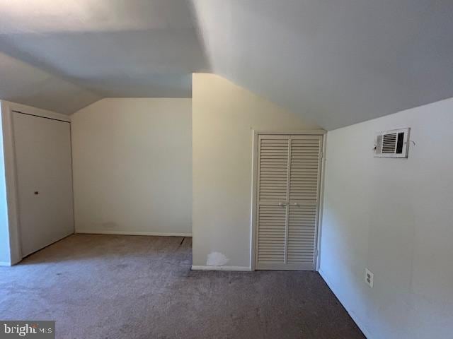 additional living space with baseboards, visible vents, carpet flooring, and lofted ceiling
