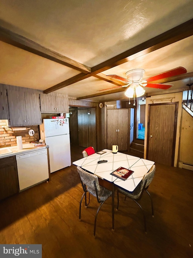 377 Main St, Cedarville, NJ 08311 - dining room featuring dark wood-style floors, beamed ceiling, ceiling fan, and a baseboard radiator