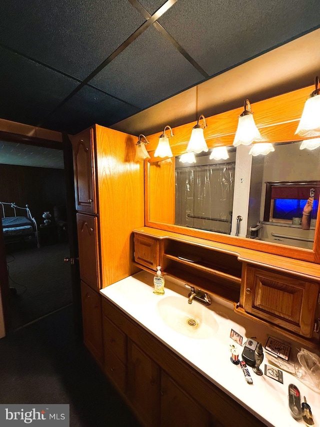 377 Main St, Cedarville, NJ 08311 - full bathroom featuring curtained shower, vanity, and a paneled ceiling