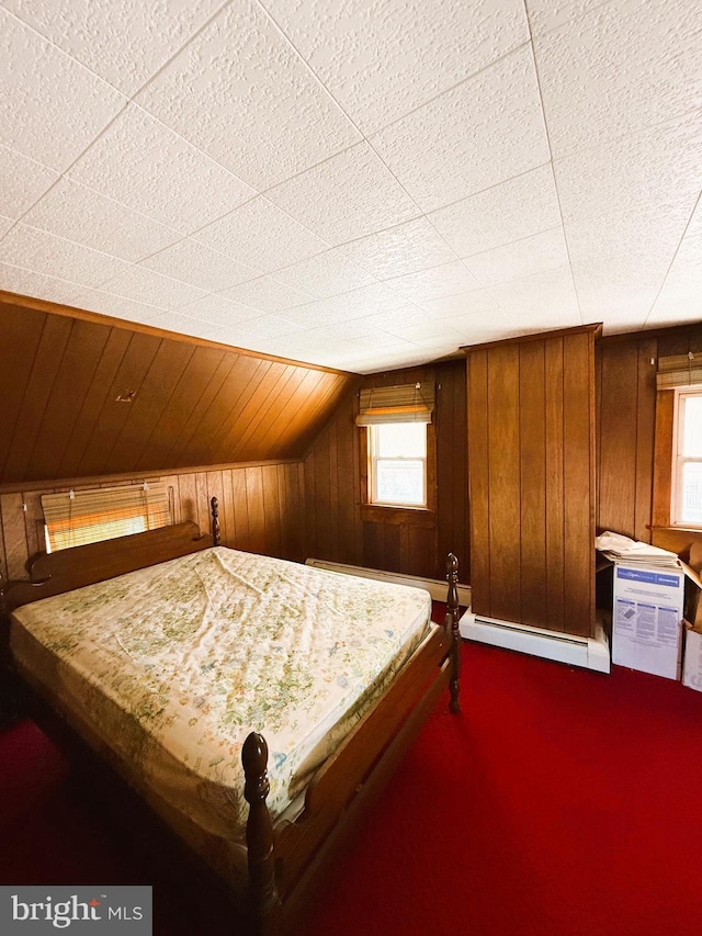 377 Main St, Cedarville, NJ 08311 - carpeted bedroom with multiple windows, baseboard heating, wood walls, and lofted ceiling