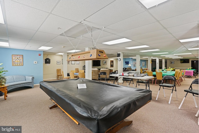 playroom with carpet, a paneled ceiling, and pool table