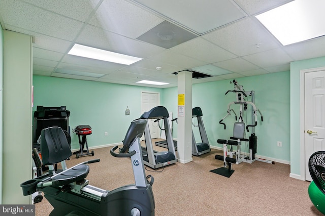 workout area with a paneled ceiling, carpet, and baseboards