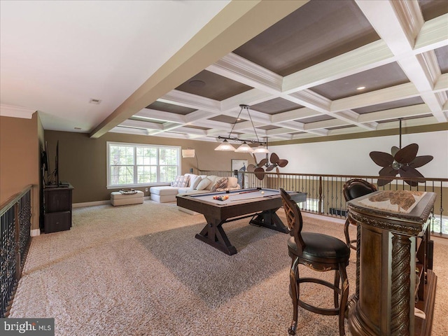 playroom with carpet floors, a ceiling fan, coffered ceiling, and beamed ceiling