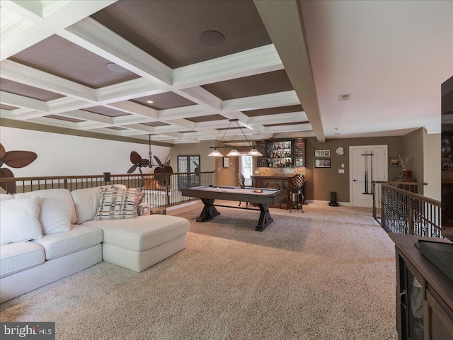 game room featuring a ceiling fan, beam ceiling, carpet, billiards, and coffered ceiling