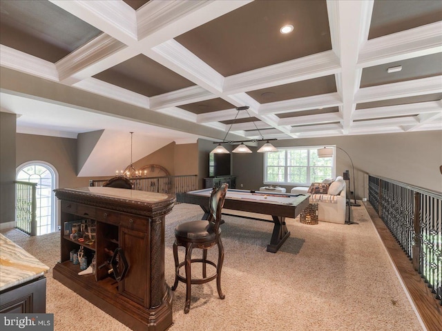 rec room featuring plenty of natural light, coffered ceiling, carpet floors, and beam ceiling