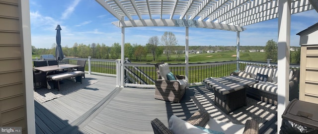 deck featuring view of golf course, outdoor lounge area, and a pergola