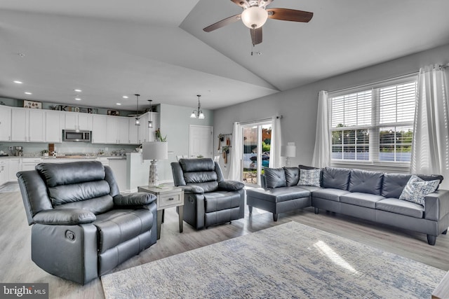 9937 Sodus Ct, Faulkner, MD 20632 - living area featuring recessed lighting, light wood-style flooring, ceiling fan, and vaulted ceiling