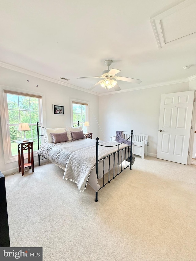 14309 Cervantes Ave, Darnestown, MD 20874 - bedroom featuring ceiling fan, visible vents, carpet floors, baseboards, and ornamental molding