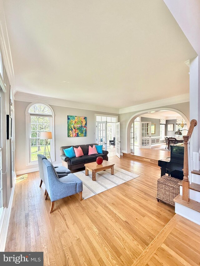 14309 Cervantes Ave, Darnestown, MD 20874 - living room featuring french doors, arched walkways, light wood-style flooring, and ornamental molding
