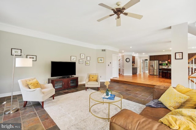 14309 Cervantes Ave, Darnestown, MD 20874 - living room featuring crown molding, recessed lighting, baseboards, stairway, and stone tile flooring