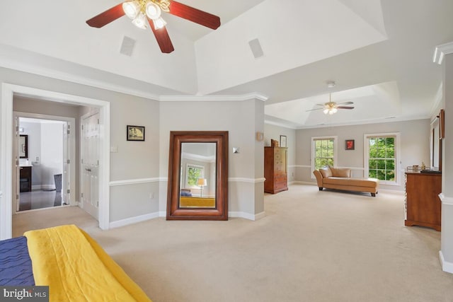 14309 Cervantes Ave, Darnestown, MD 20874 - bedroom featuring baseboards, light colored carpet, ornamental molding, and a tray ceiling