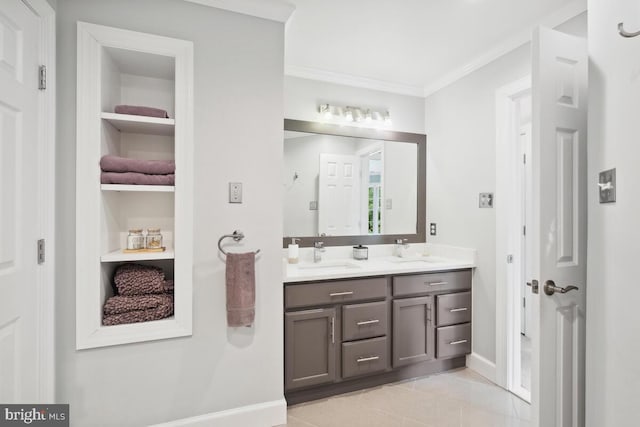 14309 Cervantes Ave, Darnestown, MD 20874 - full bath with double vanity, a sink, crown molding, and tile patterned floors
