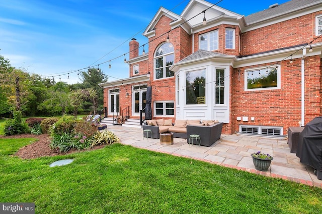 14309 Cervantes Ave, Darnestown, MD 20874 - back of property with brick siding, outdoor lounge area, french doors, a patio, and a yard