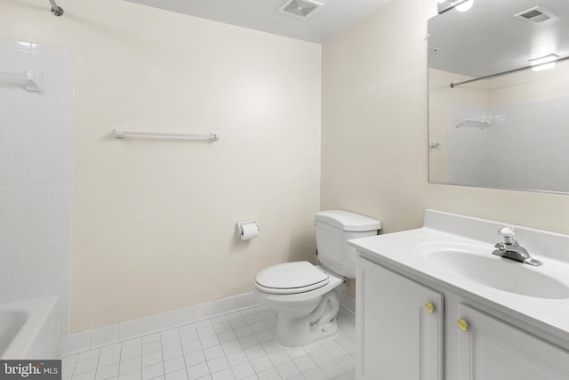 full bath with toilet, visible vents, tile patterned flooring, and vanity