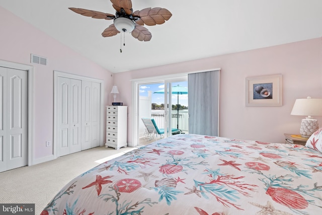 17598 Paleo Way Unit 9, Millsboro, DE 19966 - bedroom with access to exterior, lofted ceiling, carpet floors, multiple closets, and a water view