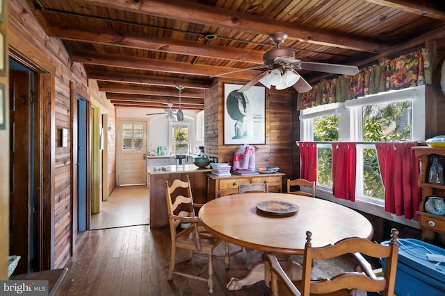 dining area with hardwood / wood-style floors, ceiling fan, wooden walls, and wooden ceiling
