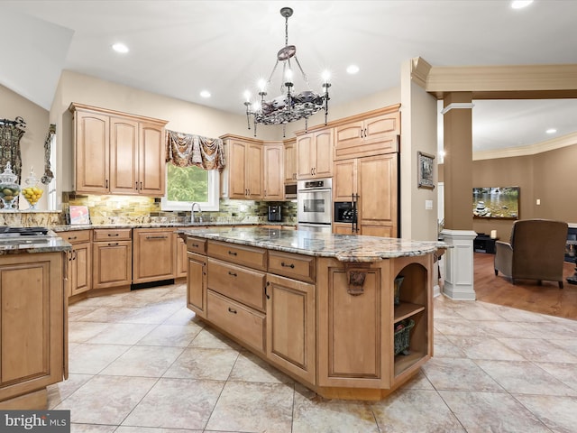 6 Jarretts Ct, Reisterstown, MD 21136 - kitchen with stone counters, a kitchen island, decorative backsplash, a chandelier, and recessed lighting
