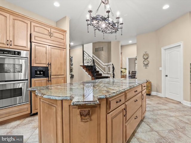 6 Jarretts Ct, Reisterstown, MD 21136 - kitchen featuring double oven, light stone counters, recessed lighting, a chandelier, and a kitchen island