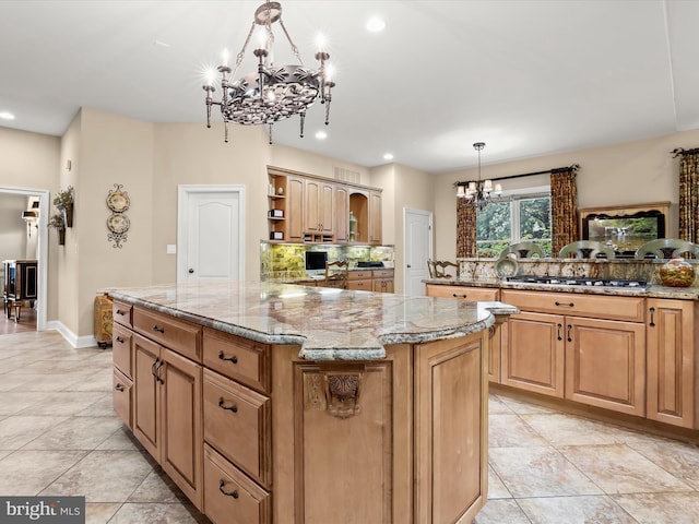 6 Jarretts Ct, Reisterstown, MD 21136 - kitchen featuring a chandelier, open shelves, a kitchen island, stainless steel gas stovetop, and light stone countertops