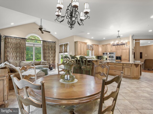 6 Jarretts Ct, Reisterstown, MD 21136 - dining space featuring a chandelier, a ceiling fan, recessed lighting, light tile patterned flooring, and lofted ceiling