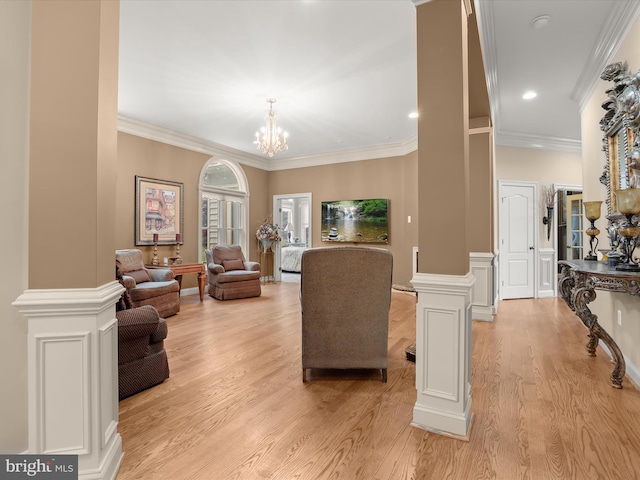 6 Jarretts Ct, Reisterstown, MD 21136 - living area with light wood-type flooring, a chandelier, crown molding, and recessed lighting