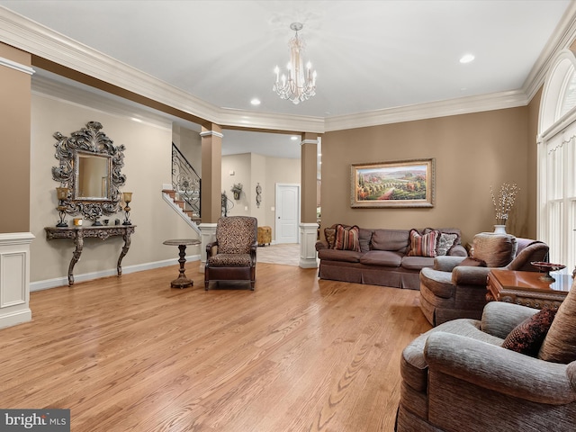 6 Jarretts Ct, Reisterstown, MD 21136 - living area featuring ornate columns, light wood-type flooring, recessed lighting, ornamental molding, and stairs