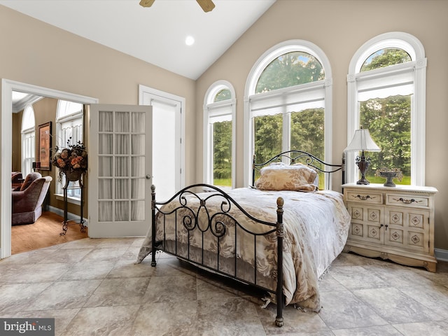6 Jarretts Ct, Reisterstown, MD 21136 - bedroom with multiple windows, stone finish flooring, high vaulted ceiling, and ceiling fan